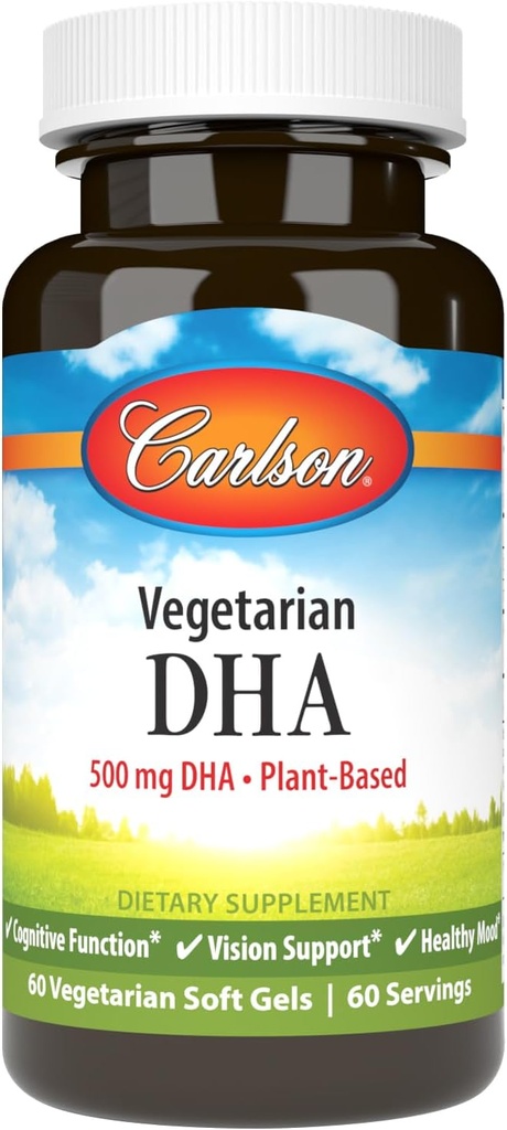 Carlson - Vegetarisk DHA, 500 mg DHA, Plant Based, Sustainable Sourced from Algae, Brain Support, Mood Health, 60 Softgels