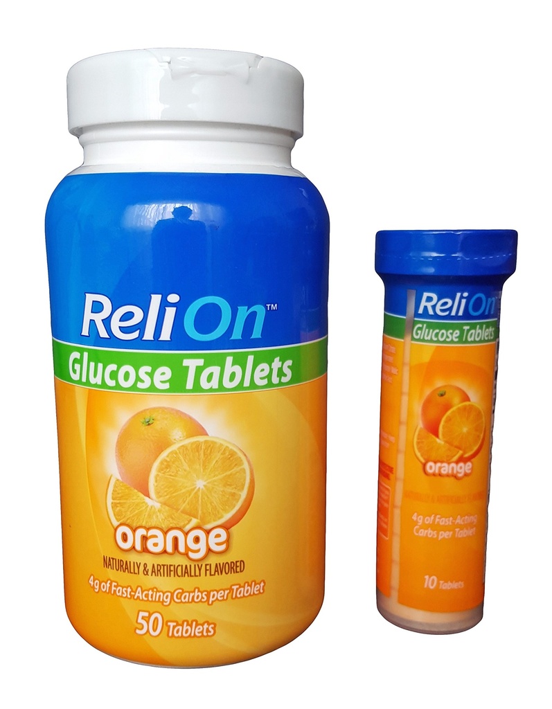 ReliOn Glucose, 50 tabletter med On- The- Go Tube, 10 tabletter. (Orange) af Reli On
