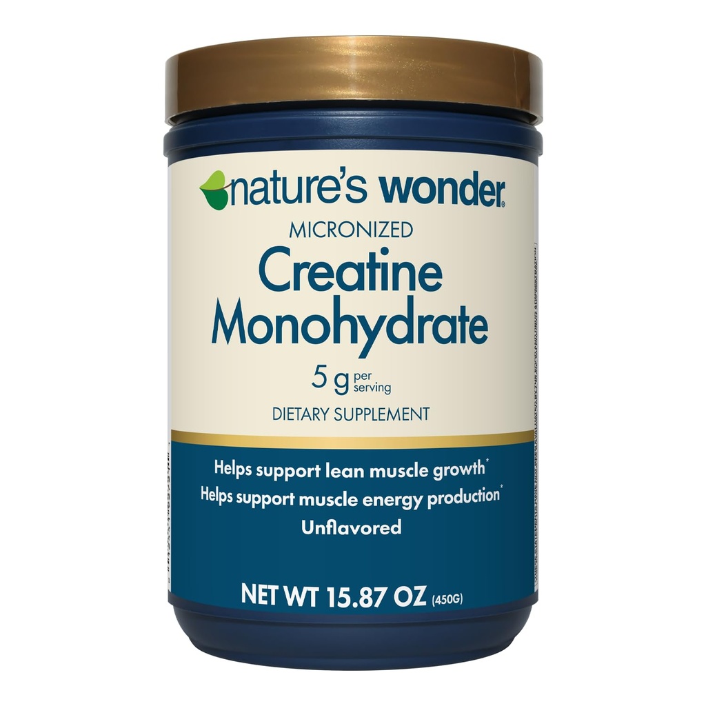 Nature 's Wonder Mikroniseret Creatin Monohydrat Powder 5g, Muscle Health, Muscle Energy Production, No Lactose, 5g Mikroniseret kreatin Powder per Servering, 450G, 90 Servering