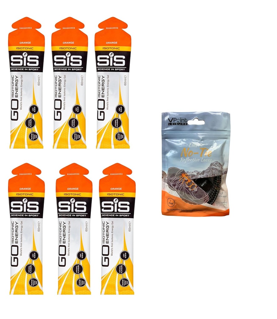 Videnskab i Sport GO Isotonic Energy Gels - 6 x 60ml pakker Bundle med Elastisk No- Tie Shoe Lates. Vegansk, Lactose fri, Gluten fri, Hvede fri, Nut fri, SOYA fri (Orange)