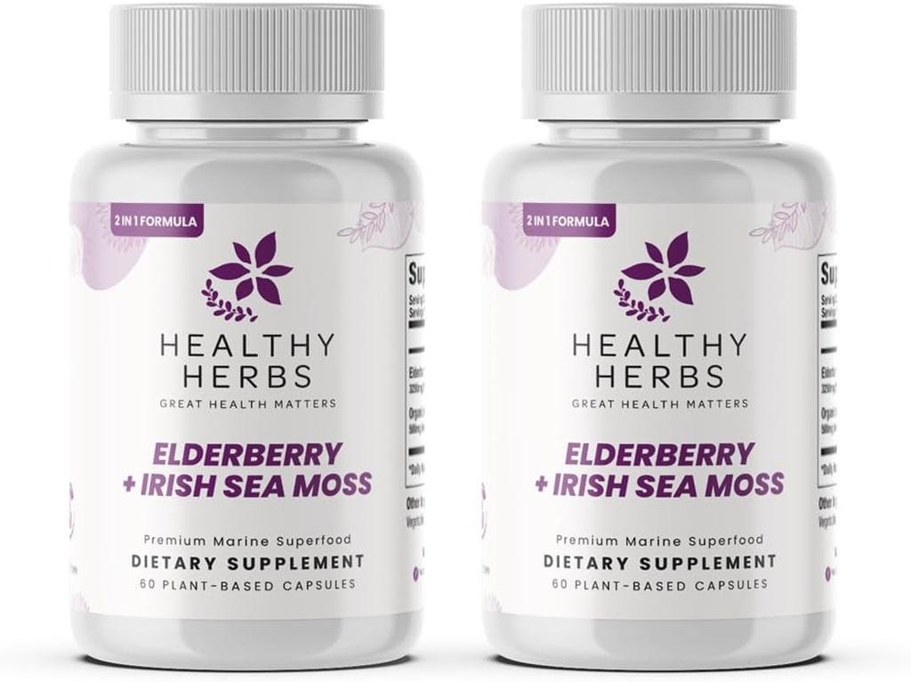 Sunde urter Fremstillede Elderberry Sea Moss Kapsler 124; 2600mg Irish Sea Moss + Elderberry Essentials Blend 124; US- Made, Vegan, Non- GMO, Easy- Swallow (2- Pack)