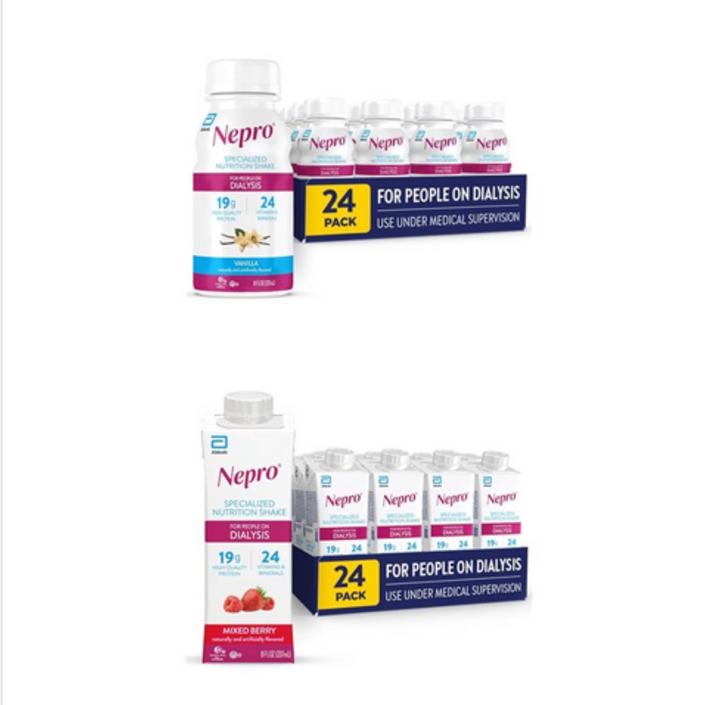 Nepro Nutrition Shake for People on Dianalyse, Vanilla, 8 fl oz, (Pack of 24) & Nepro Nutrition Shake for People on Dianalyse, Mixed Berry, 8 Fl Oz (Pack of 24)