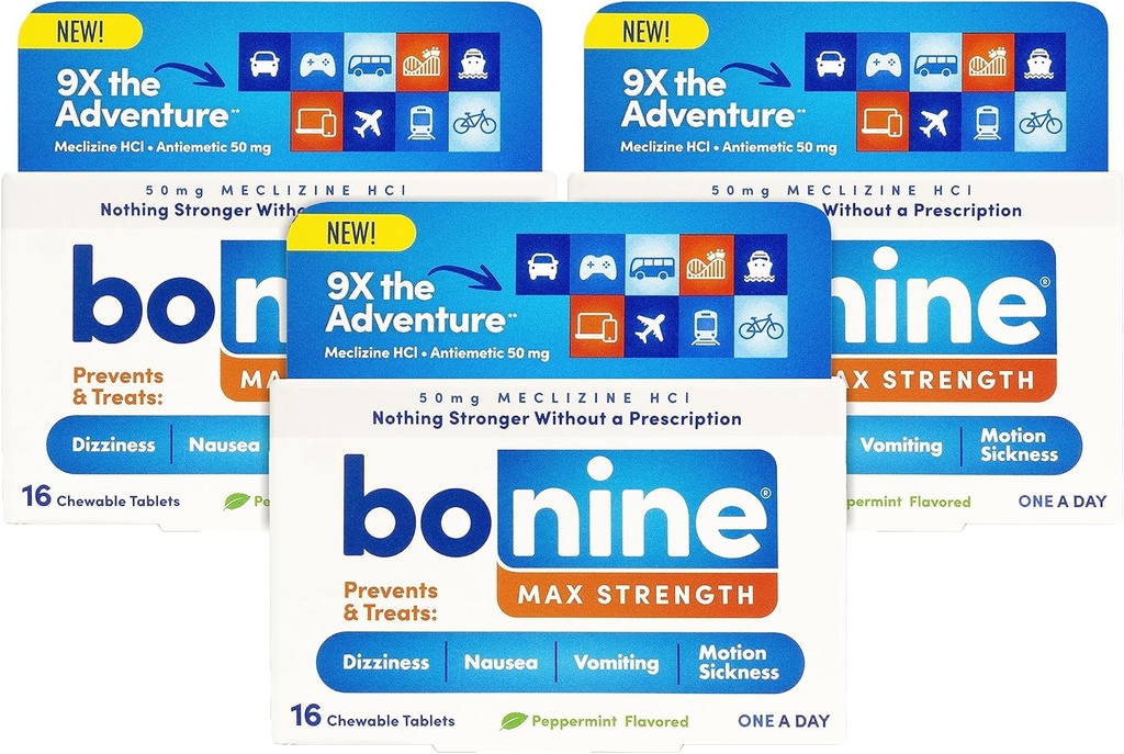 Bonine MAX Chewable for Motion Sygdom Relief - med Meclizine HCL 50mg - Max Strength Formel til Treat Kvalme eller Motion Sygdom - Cruise Essentials - Pebermynte - 16 tyggetabletter, 3 Pack