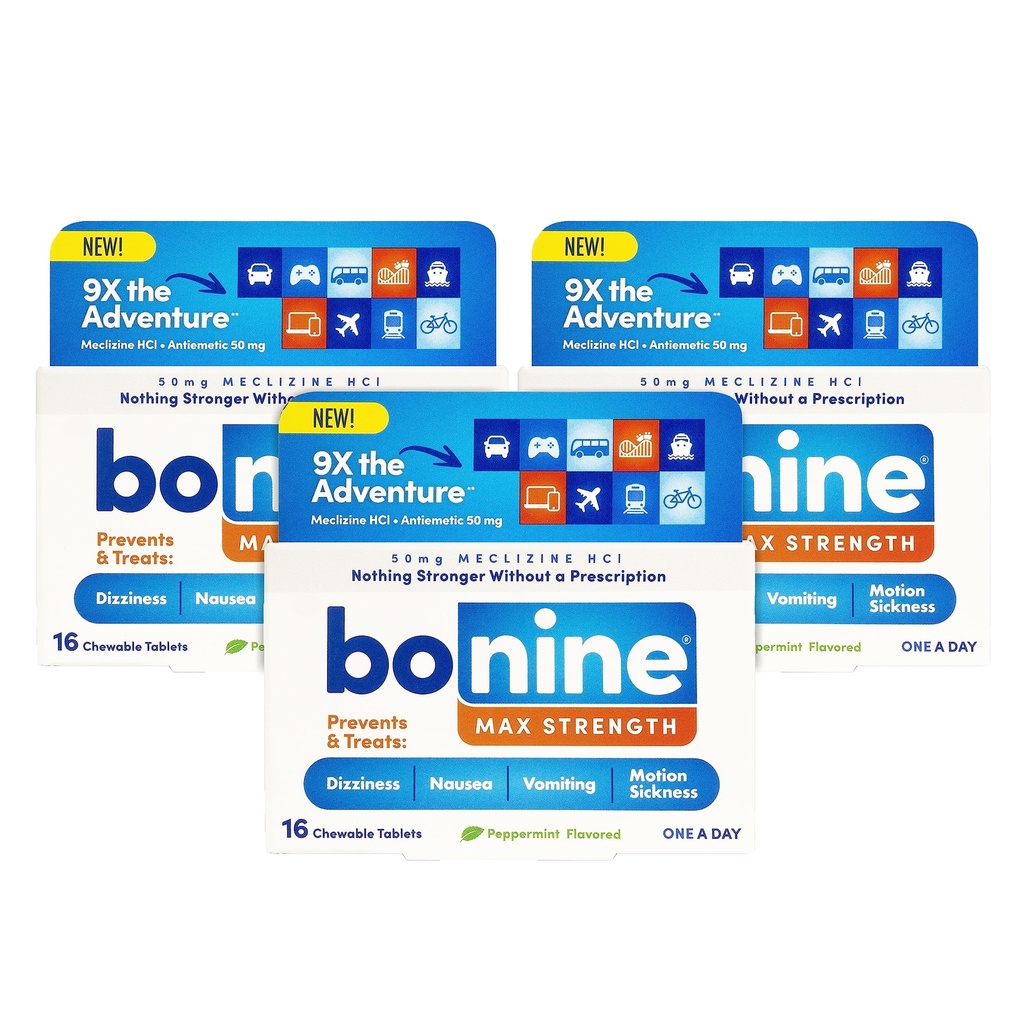 Bonine MAX Chewable for Motion Sygdom Relief - med Meclizine HCL 50mg - Max Strength Formel til Treat Kvalme eller Motion Sygdom - Cruise Essentials - Pebermynte - 16 tyggetabletter, 3 Pack