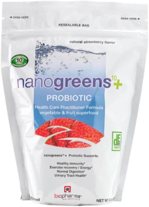 Biopharma Scientific Nanogreens + Probiotic: Greens Superfood Fruit & Vegetabilske Powder Smoothie Mix & 5 Millioner Probiotika til fordøjelse med Spirulina, Chlorella, Strawberry Flavor, 30 Servere