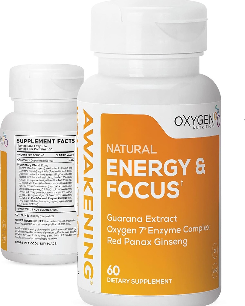 Awakening Natural Energy & Focus Nootrop Supplement med Panax Ginseng, Guarana Extract & Chrom Picolinate Dex124; Brain Supplement for Focus, Energy, Mood & Clarity Dex124; Gluten Free Veggie, USA - 60 Caps