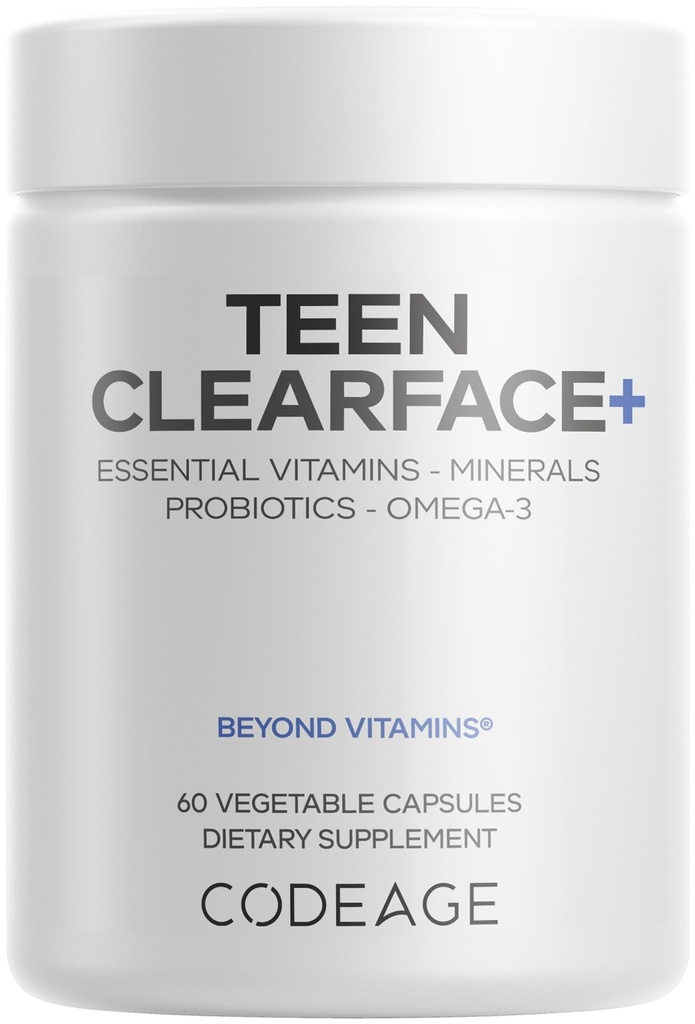 Kodeage Teen Clearface Unge ansigt, hud og pimpler, Vitamin A, C, D3, E, Pantothensyre, Niacin, Zink Supplement Teenagere, Probiotika, L- Lysin, Omega-3, Olie Hud, Porer, Spotter - 60 Kapsler