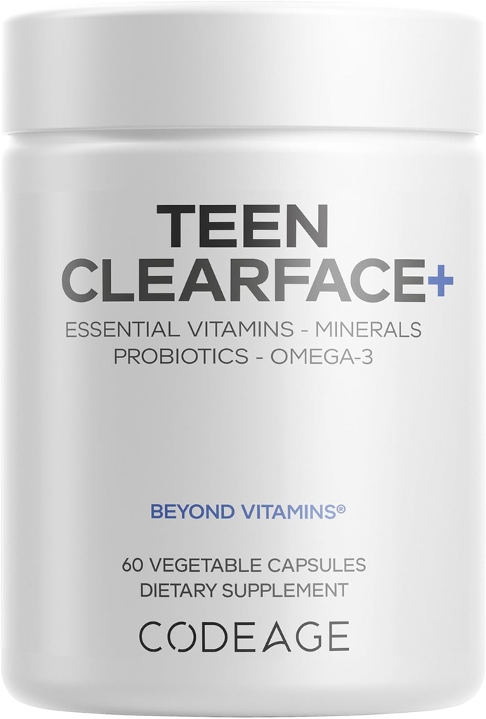 Kodeage Teen Clearface Unge ansigt, hud og pimpler, Vitamin A, C, D3, E, Pantothensyre, Niacin, Zink Supplement Teenagere, Probiotika, L- Lysin, Omega-3, Olie Hud, Porer, Spotter - 60 Kapsler