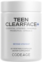 Kodeage Teen Clearface Unge ansigt, hud og pimpler, Vitamin A, C, D3, E, Pantothensyre, Niacin, Zink Supplement Teenagere, Probiotika, L- Lysin, Omega-3, Olie Hud, Porer, Spotter - 60 Kapsler