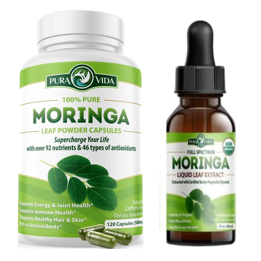 PURA VIDA MORINGA Capsules (120 Count) and Moringa Leaf Extract Drops (2fl oz)