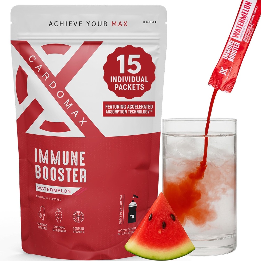 CardoMax Immunity Booster Liquid Drink Mix med Ginseng og C-vitamin til børn og voksne, immunforsvar supplement for energi og wellness, Watermelon Flavor, 15 Single-Serve flydende stick pakker