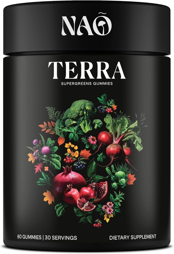 Terra Supergreens Gummies - 18 Superfood Ingredienser med Spirulina, Chlorella, Gurkemeje, Reishi & Ashwagandha - Daily Antioxidant, Detox & immunsupport Supplement - Vegan, Non- GMO, Lavet i USA