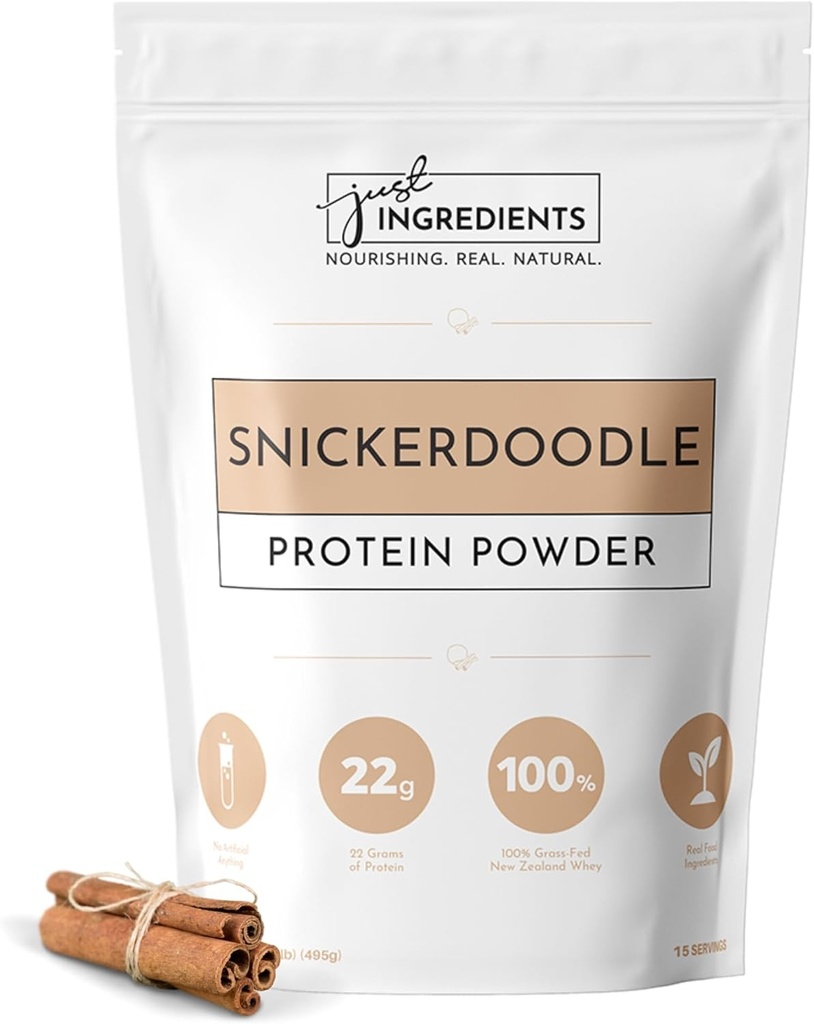 Just Ingredients Protein Powder | Snickerdoodle Protein Powder Made With 100% Grass Fed, Non Denatured Whey | Four Different Protein Sources | Organic Whole Food Ingredients | 15 Serving | 22g protein