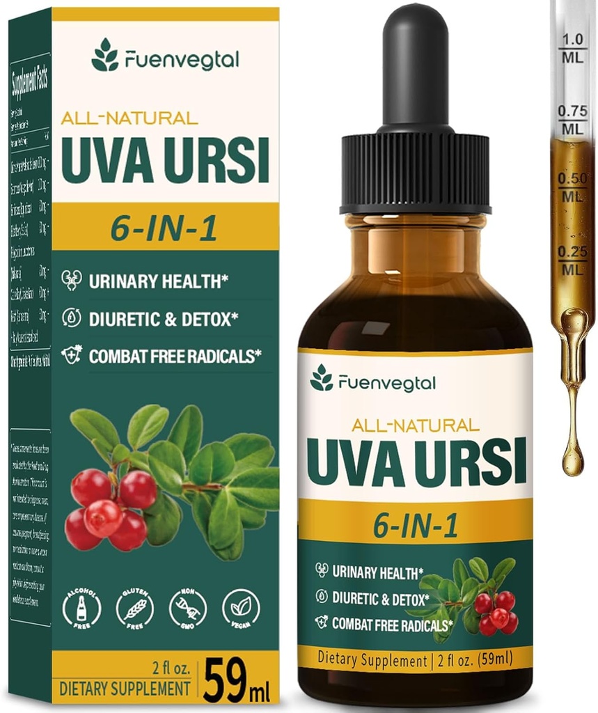 Uva Ursi Bearberry Natural Diuretic Drops, Urinary Health & Nyre Cleanse Detox Herbal Supplement Support UTI & Water Away, Extract W / Dandelion Root Cranberry, Alkohol- Free Tincture.2oz