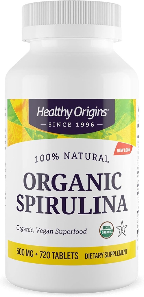 Healthy Origins Organic Spirulina 500 Mg (Organic Certified, Kosher Certified, Natural, Non-GMO, Gluten Free, Vegan Superfood), 720 Tablets