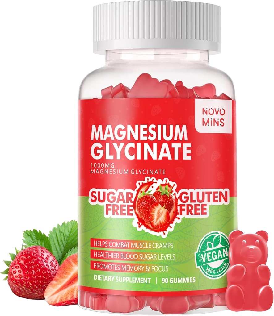 90 CT Magnesium Glycinat Gummies - Sukker Free Magnesium Kalium tillæg med D-vitamin, B6, CoQ10 for Calm Mood & Sleep Support - 90 Jordbær Gummies