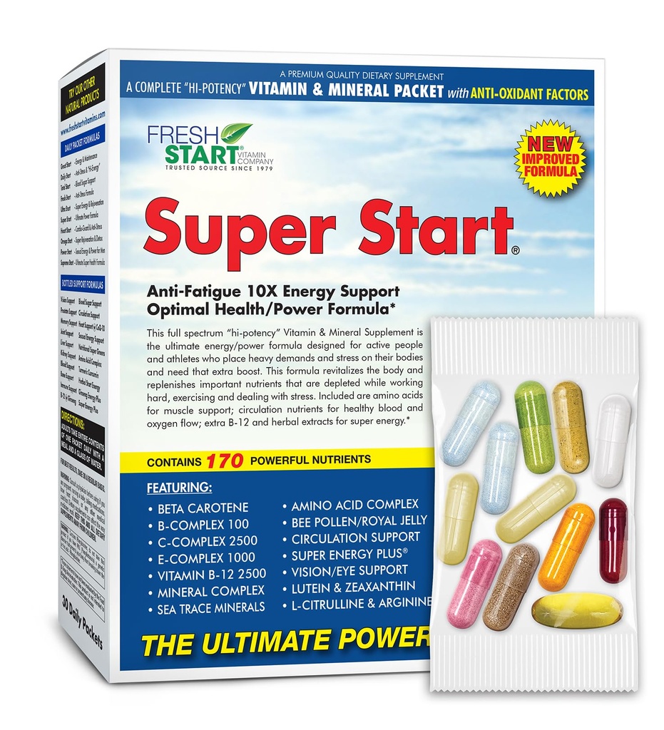 Super Start Complete Daily Vitamin Pack er 124; 10X Energy & Stamina Booster, Muskelstøtte er 124; Vitamin A, B, C, D, E, B12, Minerals, Aminosyrer, Bee Pollen, Ashwagandha, Panax Ginseng (30 Pakker)