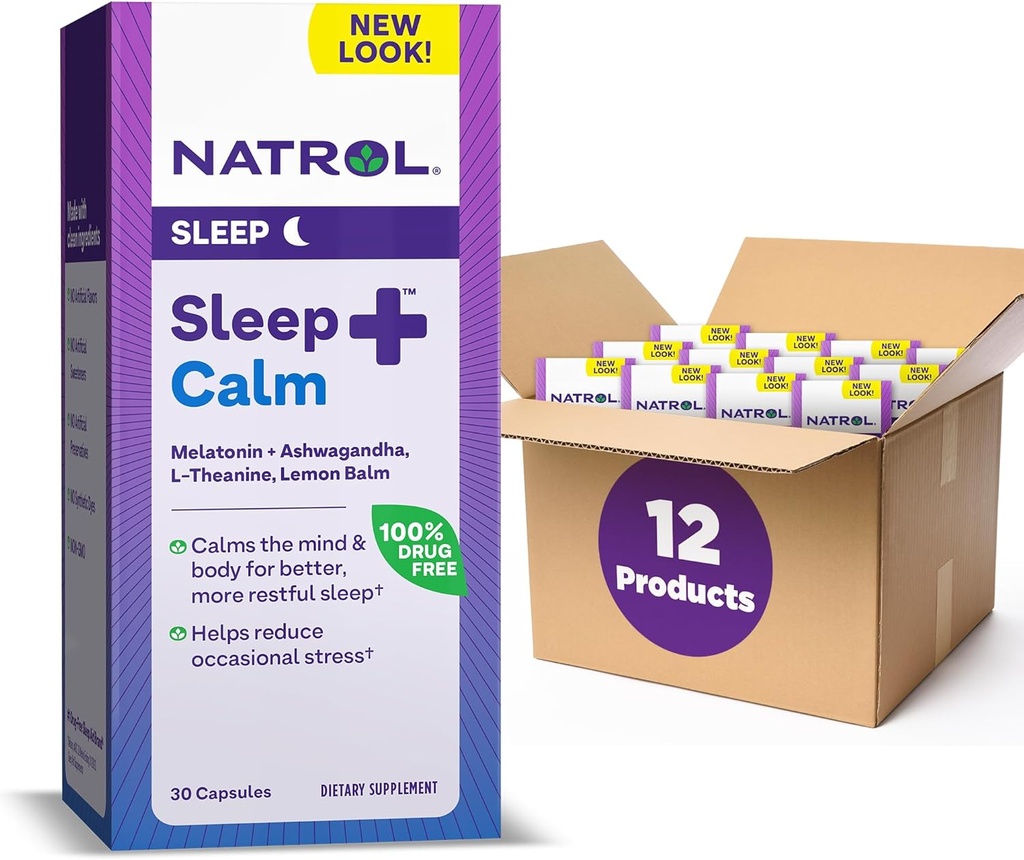 Natrol Sleep + Call Melatonin 6 mg med Ashwagandha, L- Theanine og Lemon Balm, Kosttilskud til rolig søvn og ro i sindet, 30 kapsler, 30 dages forsyning (pakke med 12)