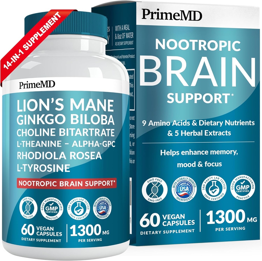 14- in-1 Lions Mane- supplement kapsler - Nootrop Brain Supplement med Ginkgo Biloba til brain support, hukommelse og fokus - Alpha GPC, L Theanine & choline Kosttilskud med 1300mg per servering (60 ct)