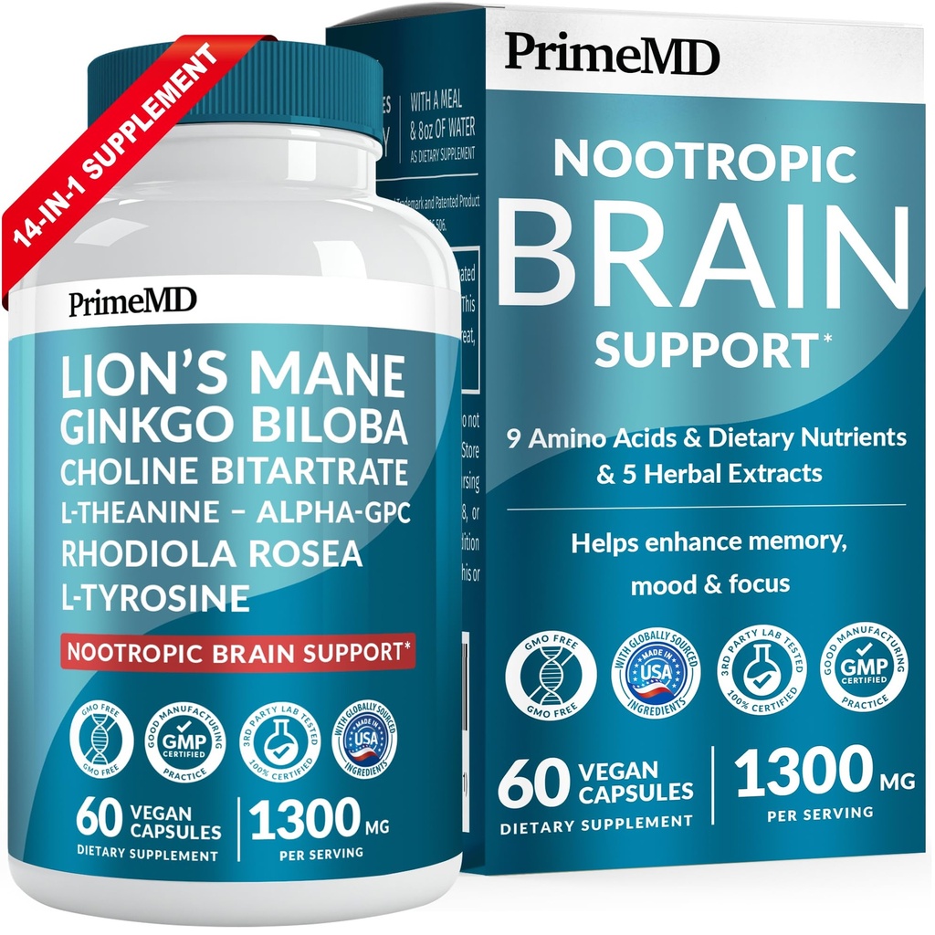 14- in-1 Lions Mane- supplement kapsler - Nootrop Brain Supplement med Ginkgo Biloba til brain support, hukommelse og fokus - Alpha GPC, L Theanine & choline Kosttilskud med 1300mg per servering (60 ct)