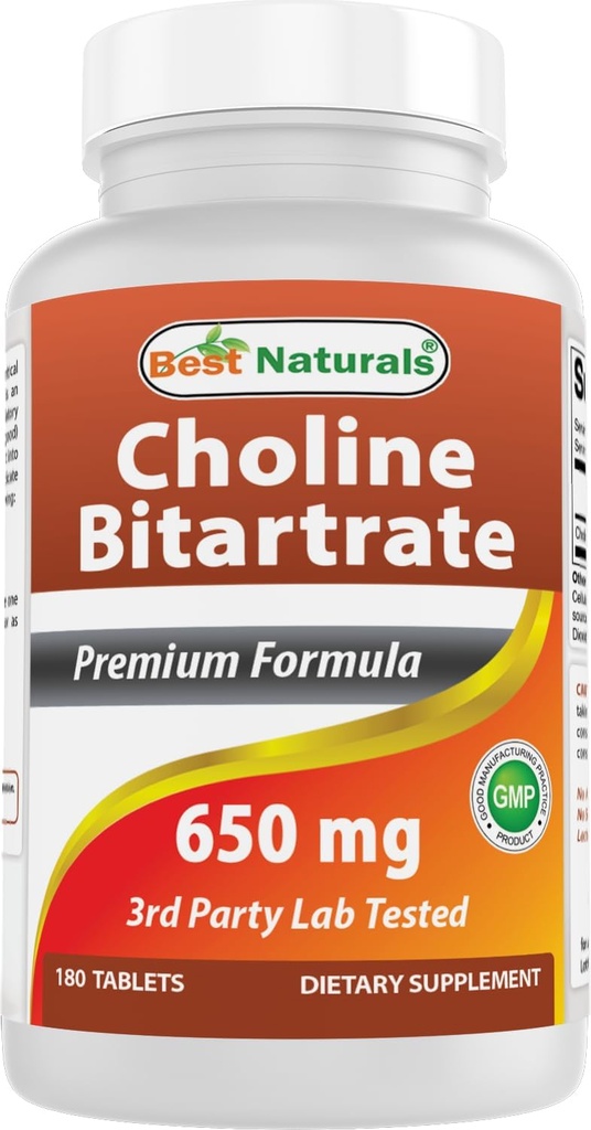Bedste Naturals Cholin Bitartrat 650 mg (ikke-GMO) til sund kognitiv hjerne funktion 180 tabletter