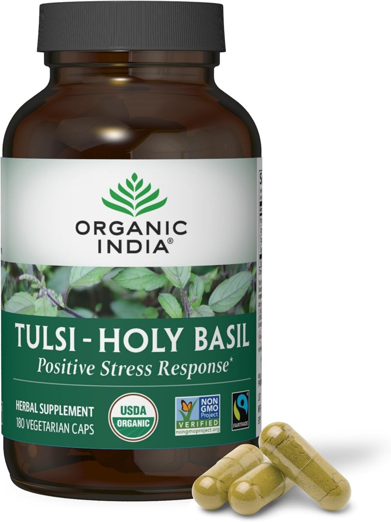 ORGANISK INDIA Tulsi Holy Basilikum Kapsler - Holy Basil Extract, Urtetilskud, immunforsvar, Stress Relief, Vegan, Glutenfri, Kosher, Organisk, Non- GMO - 180 Kapsler