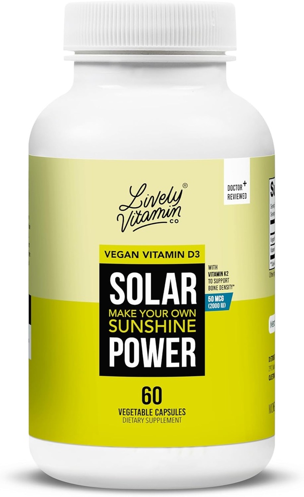 LIVELY VITAMIN CO. Solar Power Vitamin D3 2000 iu - Patenteret vitamin K - MK7 - Immunbalance - Brain Function - Mood - Heart - Stress - 60 Greve