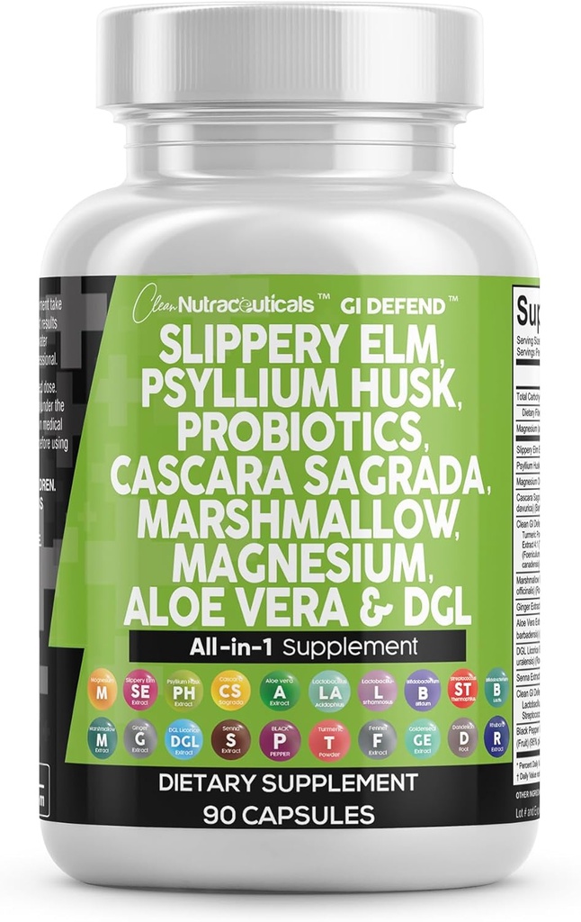 Clean Nutraceuticals Slippery Elm Psyllium Husk Pre Probiotic Digestive Gut Health Supplement with Aloe Vera Cascara Sagrada Marshmallow Root DGL Licorice Senna Extract