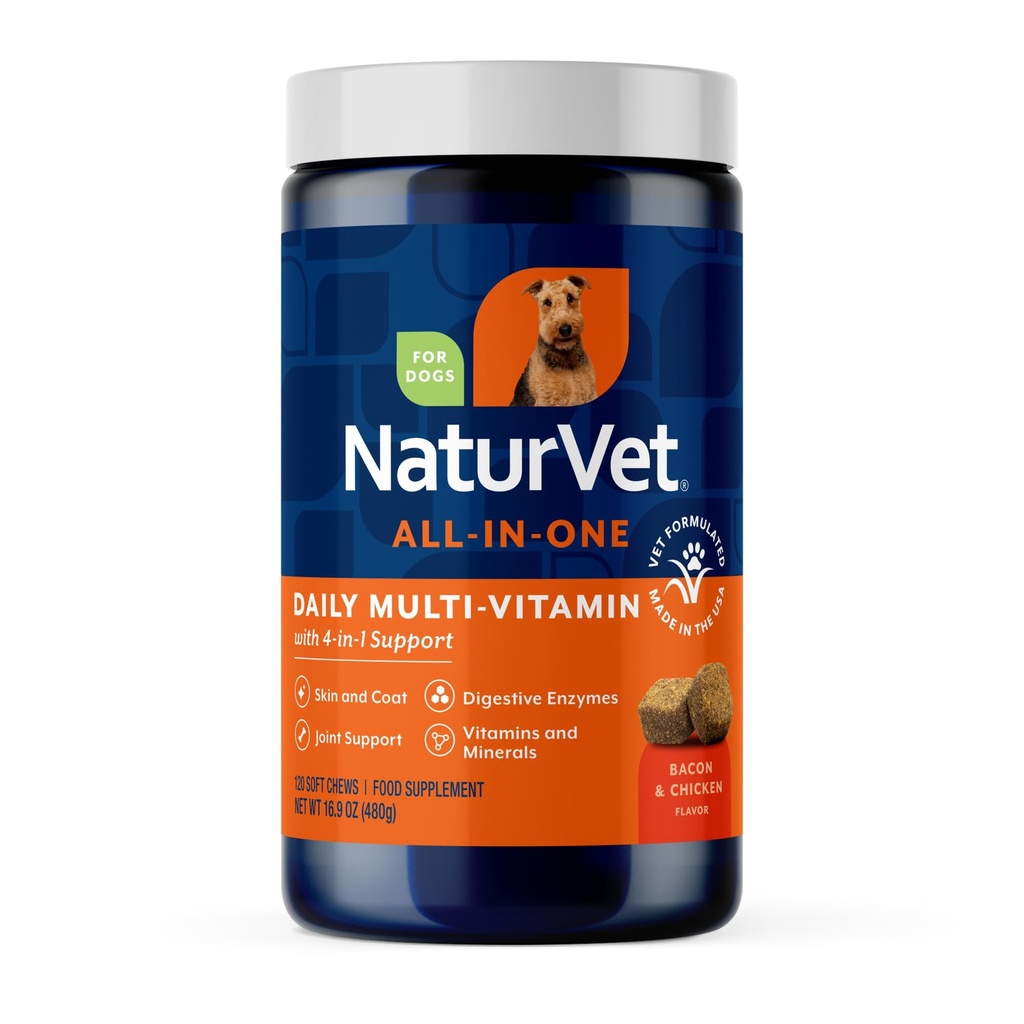 NaturVet All- in- One Dog Supplement - for fælles støtte, fordøjelse, hud, Coat Care - hund Multivitaminer med mineraler, Omega-3, 6, 9 - Wheat- Gratis vitaminer til hunde - 120 bløde tygger