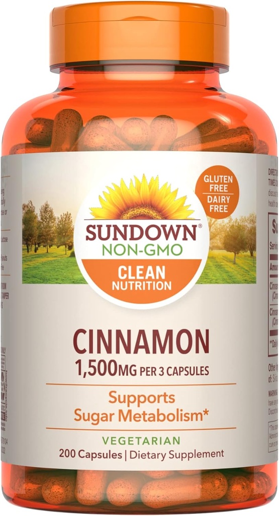 Sundown Cinnamon Capsules, Support Sugar Metabolism, Non-GMO, Free of Gluten, Dairy, Artificial Flavors, 1000 mg, 200 Capsules