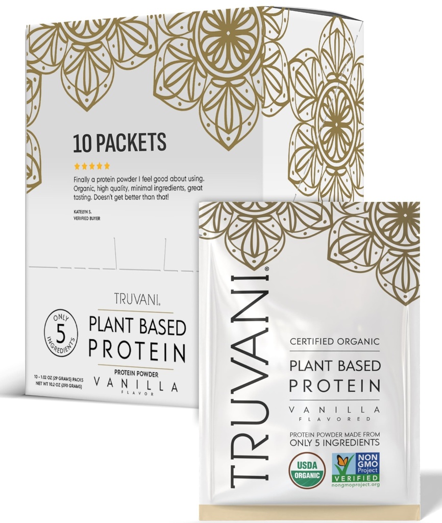 Truvani Vegan Pea Protein Powder • 124; Vanilla • 124; 20g Organic Plant Based Protein • 124; Single Serving Travel Packets • 124; 10 Servering • 124; Keto • 124; Gluten & Dairy Free • 124; Lav Carb • 124; Ingen tilsat sukker