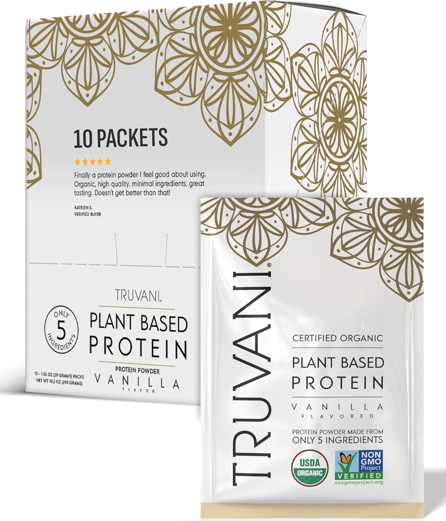 Truvani Vegan Pea Protein Powder • 124; Vanilla • 124; 20g Organic Plant Based Protein • 124; Single Serving Travel Packets • 124; 10 Servering • 124; Keto • 124; Gluten & Dairy Free • 124; Lav Carb • 124; Ingen tilsat sukker