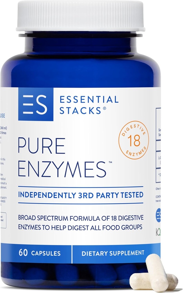 Essentielle stakke Pure fordøjelsesenzymer (Gluten, Dairy & Soy Free) - 18 enzymer til fordøjelse inkl. Amylase, Lipase & Lactase - Vegetar & Non- GMO (60 kapsler)