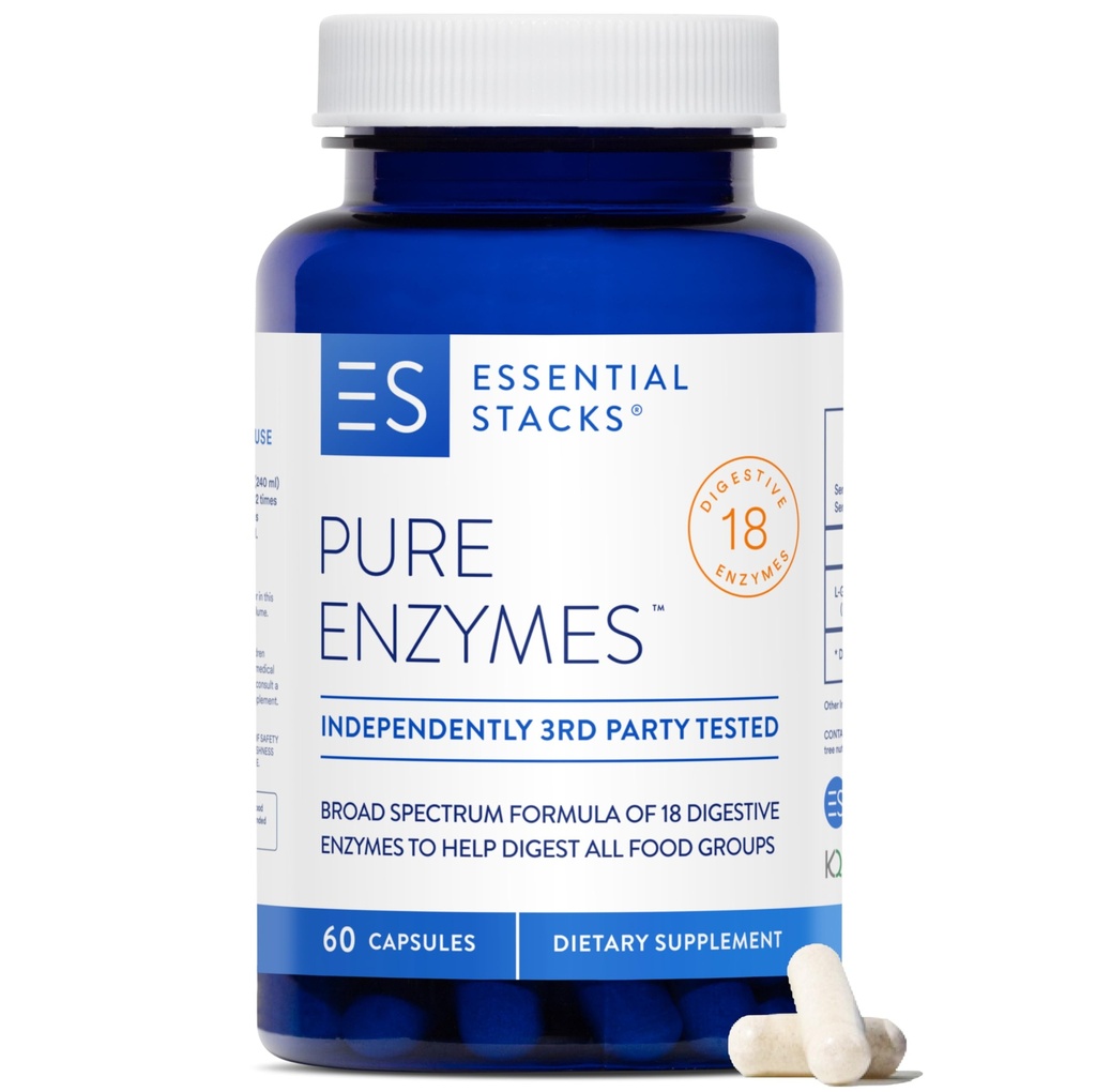Essentielle stakke Pure fordøjelsesenzymer (Gluten, Dairy & Soy Free) - 18 enzymer til fordøjelse inkl. Amylase, Lipase & Lactase - Vegetar & Non- GMO (60 kapsler)