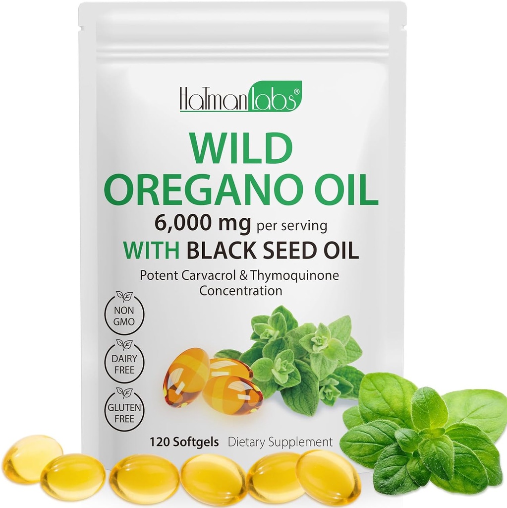 Oregano Oil Capsules, 2 in 1 6000mg Oil of Oregano with Black Seed Oil, Wild Oregano Oil immun and Antioxidant Support, Non- GMO, Gluten Free, 120 Softgels (1 Bag)