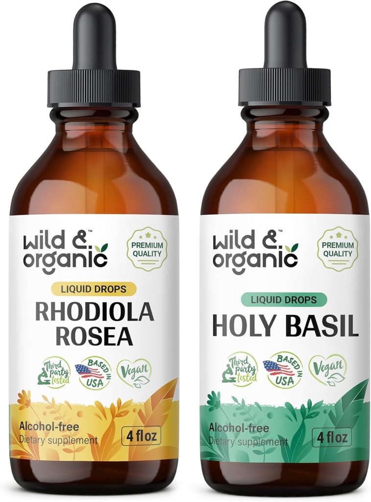 Wild & Organic Rhodiola Rosea Tinktur 4 fl oz & Holy Basil Tinktur 4 fl oz