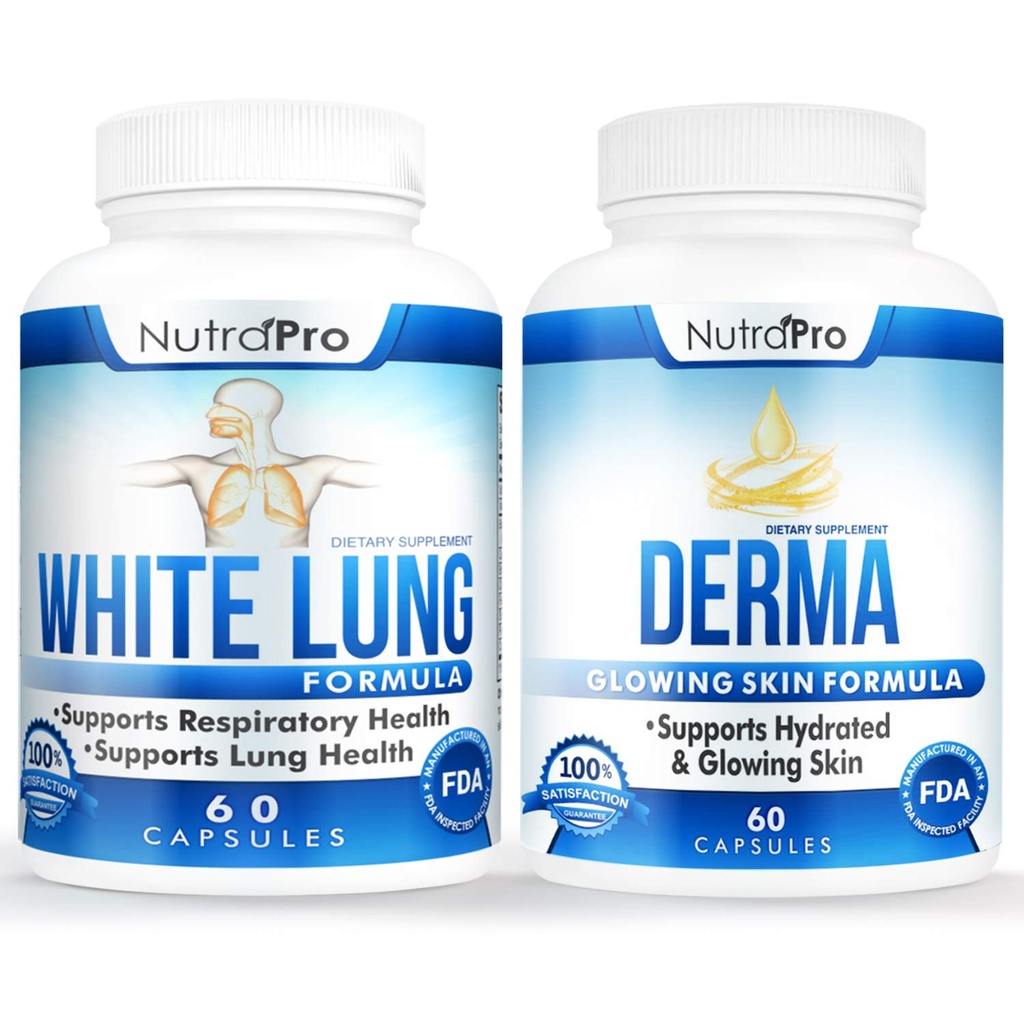 NutraPro White Lung Respiratory Health and Support + Derma - Dermal Repair Complex for glødende hud & hud hydrering.