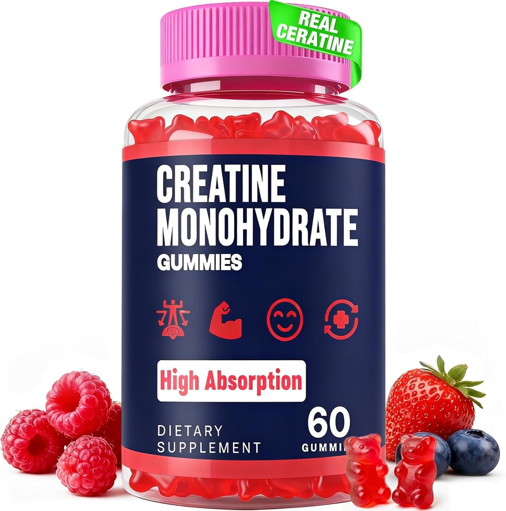 Creatine Monohydrate Gummies for Women & Men, Taurine & B6, Chewable Creatina Pre Workout Gummies for Max Strength & Muscle Growth, Energy, Endurance, Creatin for Mænds & Women - 1 flaske