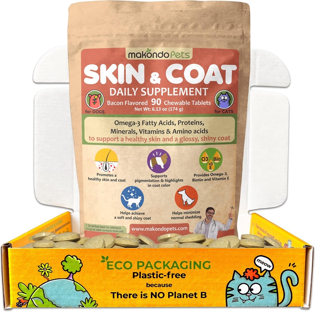 Hud og Coat supplement med Fish Oil og Omega 3 for hunde og katte - hund Itch Relief Pet supplement til Shedding, tør Itchy hud og allergier - hund allergi behandling vitaminer (90 Tabs)