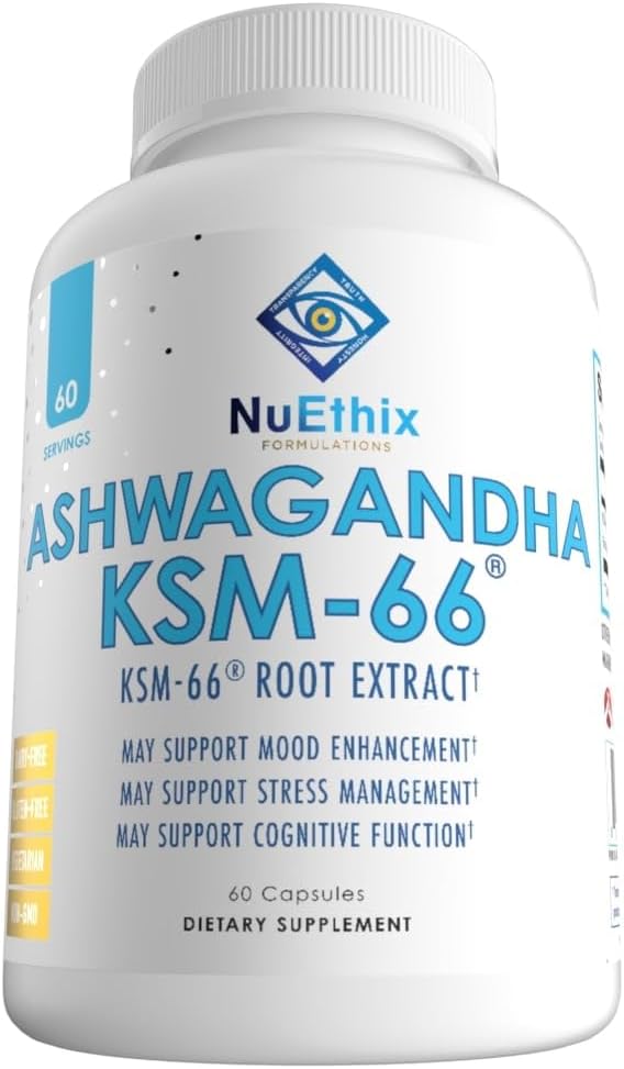 NuEthix Formuleringer Ashwagandha KSM 66, 500mg KSM- 66 Root Extract, Mood, Stress, & Kognitiv Support, BioPerine Black Pepper Extract, Gluten Free, Vegetar, Non- GMO, & Dairy Free, 60 Servere