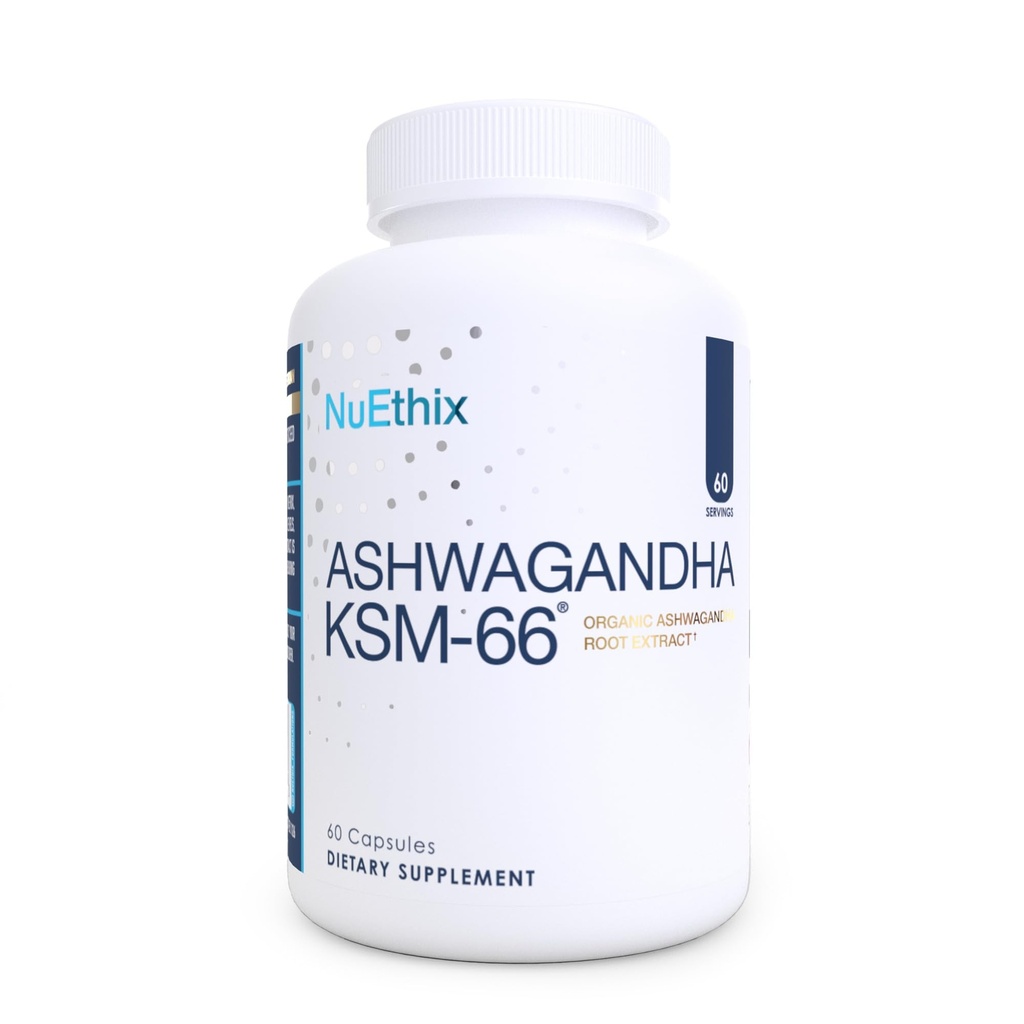 NuEthix Formuleringer Ashwagandha KSM 66, 500mg KSM- 66 Root Extract, Mood, Stress, & Kognitiv Support, BioPerine Black Pepper Extract, Gluten Free, Vegetar, Non- GMO, & Dairy Free, 60 Servere
