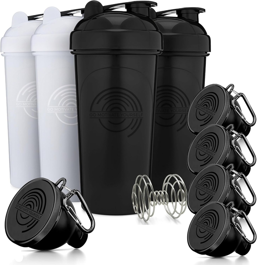 GOMOYO Fitness Bundle - 4-Pack Shaker Bottles with Agitator + 5-Pack Protein Funnels with Carabiner, BPA-Free & Dishwasher Safe