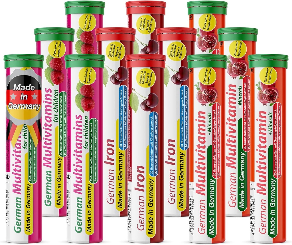 Tysk Pink Power Pakke 240 Servering - Vegan, Zero Sugar - Drikke Effervescent tabletter - Jern og Multivitamin - T & D Pharma - Made in Germany