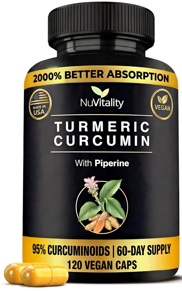 Gurkemeje med sort peber ekstrakt (Piperine) - 120 Veggie Tumeriske kapsler - Premium 95% Standardiserede Curcuminoider - Høj Absorption & Potens - Fælles Support