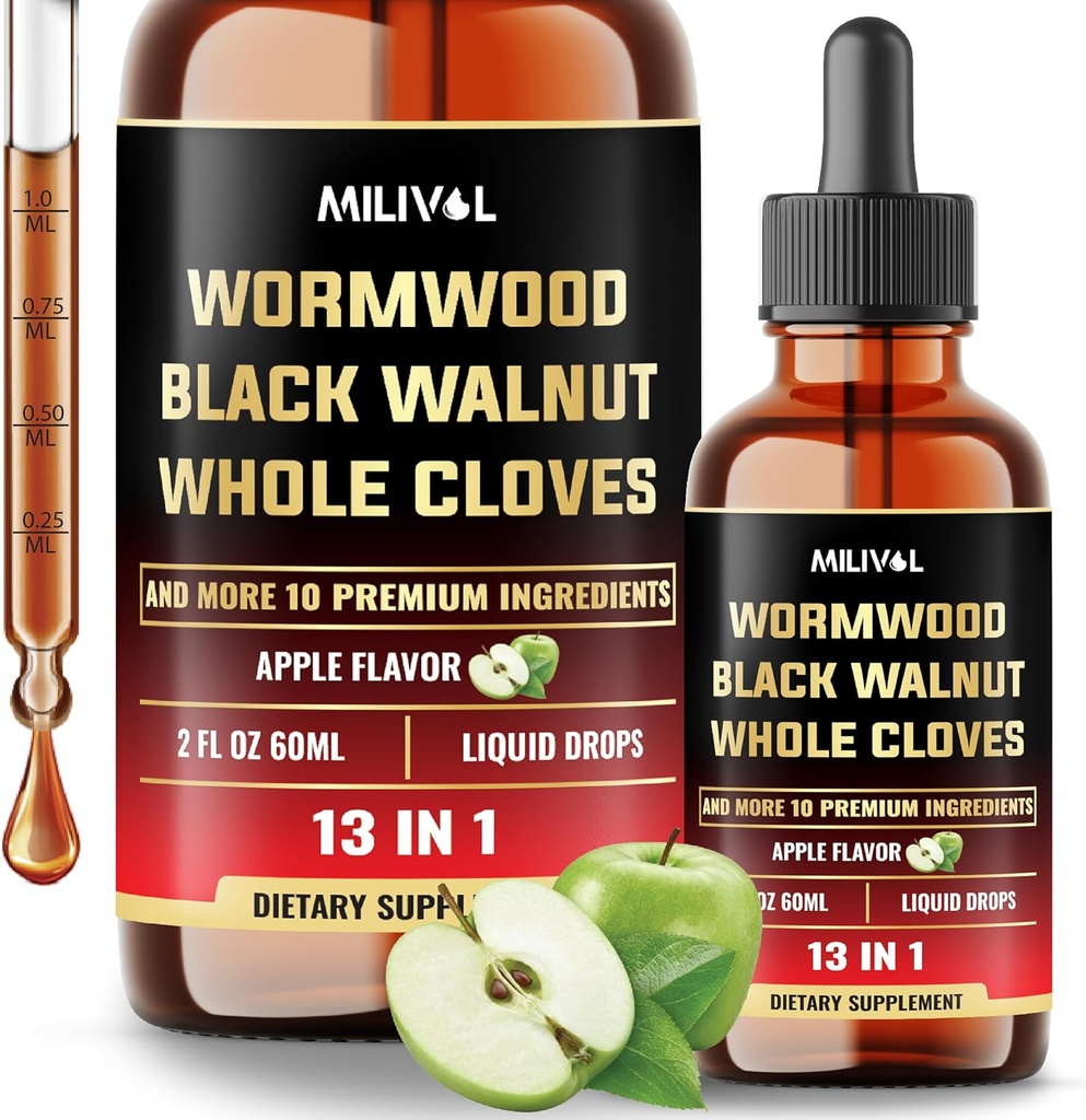 13in1 Wormwood Liquid Drops - 1900mg Black Walnut Wormwood Liquid Extract med Hel Cloves & Mere - 60 Day Supply - 2 Fl Oz