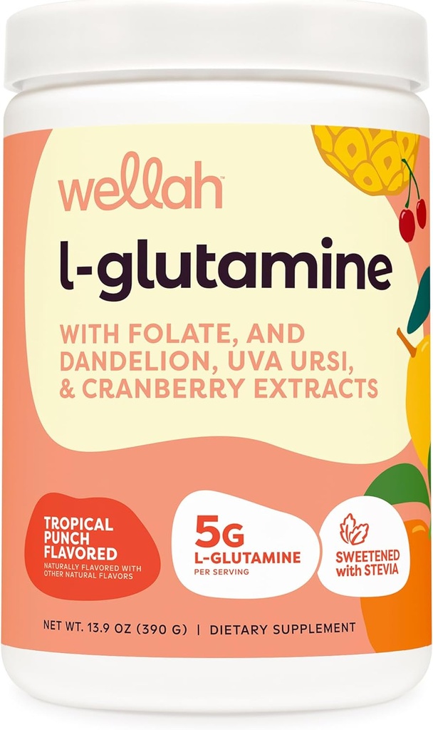 Wellah L-Glutamine Powder Tropical Punch (50 Servings) - 5g L-Glutamine Per Serving, Sweetened with Stevia