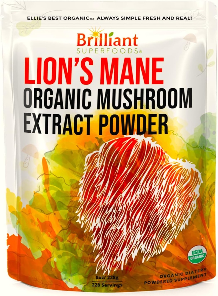 Ellie 's Best Lions Mane Mushroom Extract Powder Supplement Organic 228 Serveringer - Dobbelt Extrahered for højeste potens - Opløsninger i kaffe, te, Juice osv. 8oz