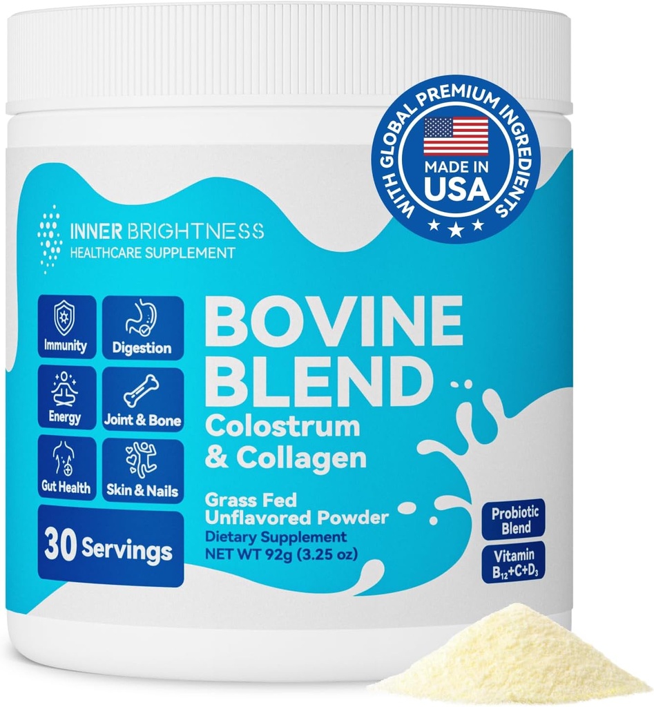 Kovine Colostrum & Collagen pulver til Gut Sundhed, immunforsvar, hårvækst & skønhed supplement, sukker gratis - IgG, Probiotika, B12-vitamin, C, D3 - Unflavored, 30 Serveringer