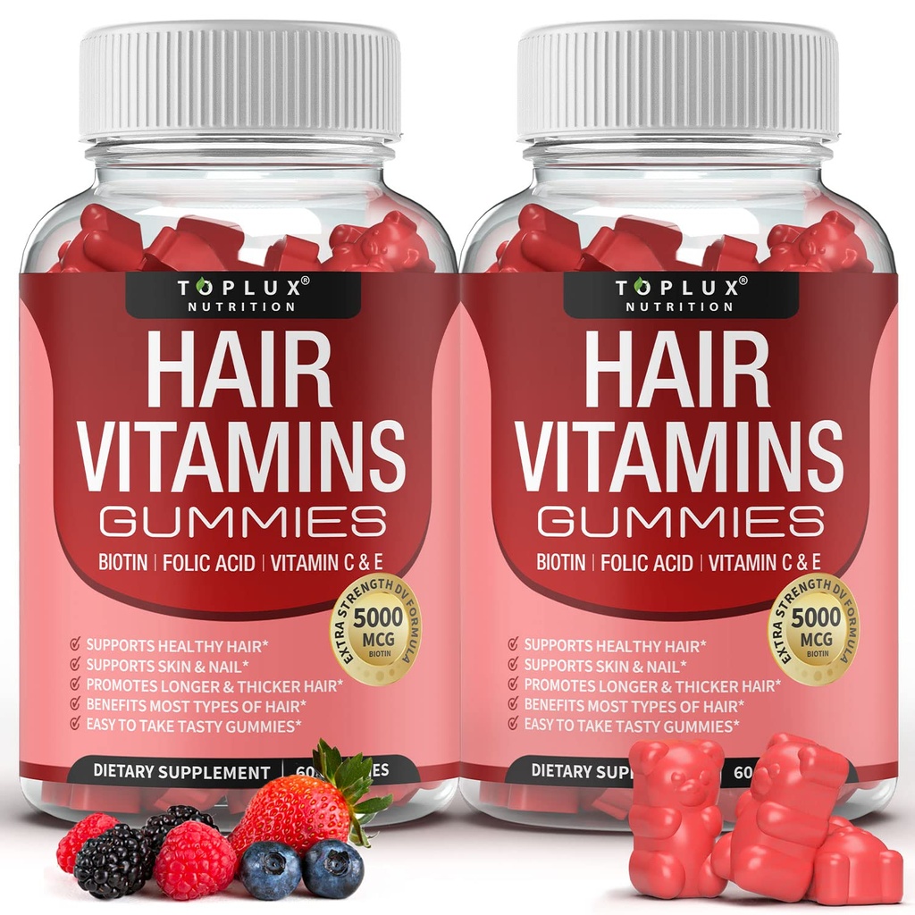 Hår Vitaminer Gummies Supplement - Hurtigere hårvækst Gummy 5000mcg biotin, folinsyre, C-vitamin & E, Support stærkere og tykkere hår, hud, negle, non-GMO, for mænd kvinder, 60 Berry Flavored Gummies