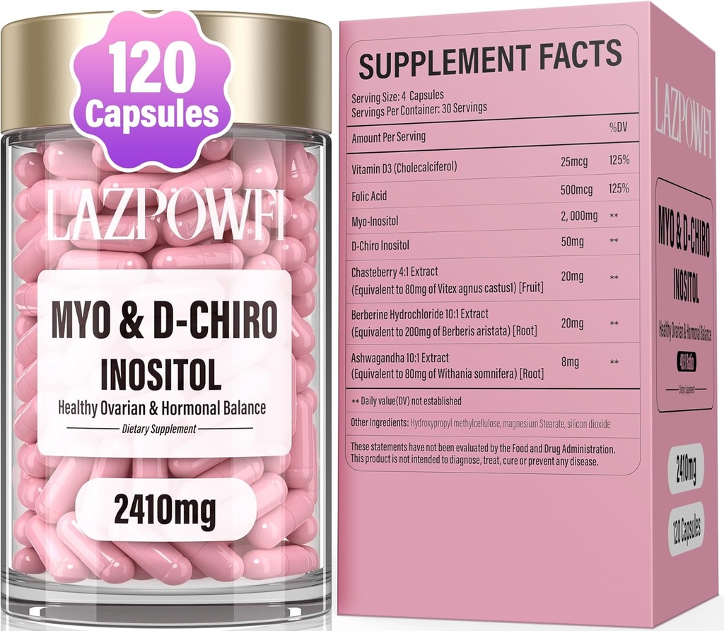 Inositol Supplement - Myo-Inositol & D-Chiro Inositol med Chasteberry, Berberine & Ashwagandha - Ideel 40: 1 Blend med Folate & D-vitamin - Vegansk Wellness Formel - 120 kapsler